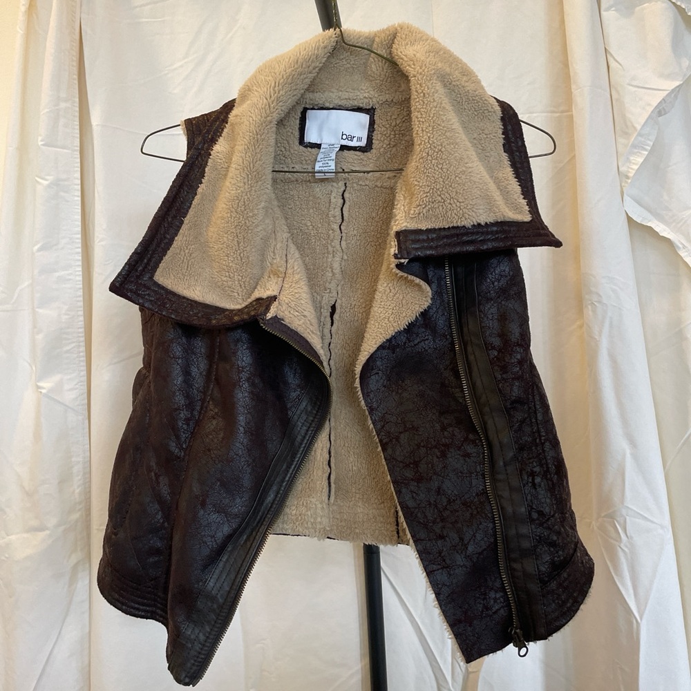 Bar III Dark Brown Faux Leather Vest with Cream Shearling